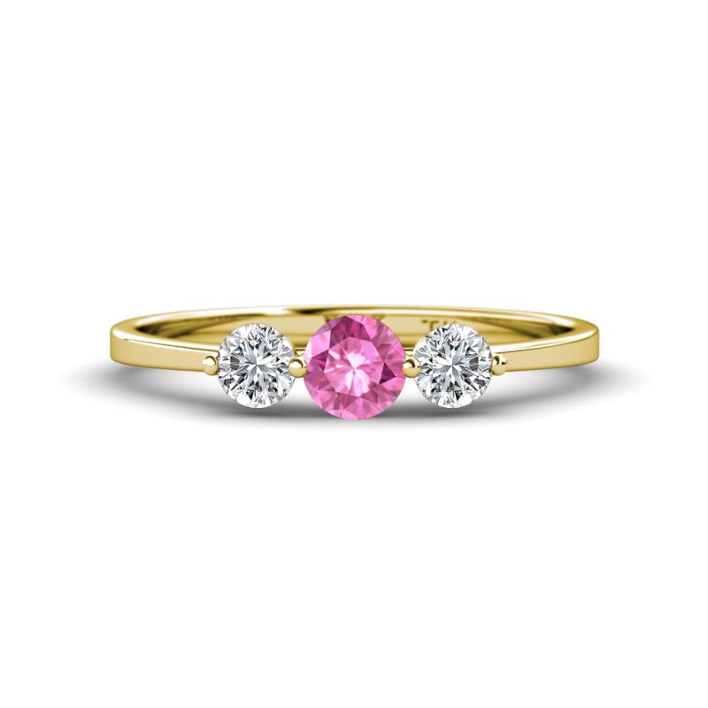 Shirley 5.00 mm Round Lab Created Pink Sapphire and Diamond Three Stone Engagement Ring 
