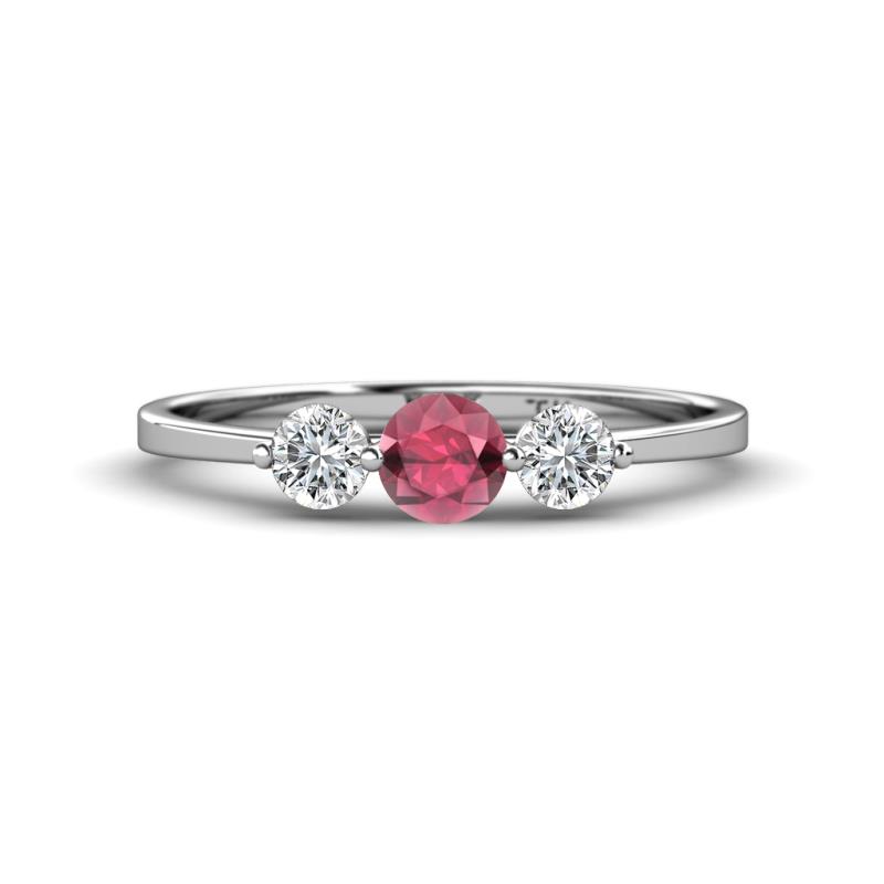 Shirley 5.00 mm Round Rhodolite Garnet and Diamond Three Stone Engagement Ring 