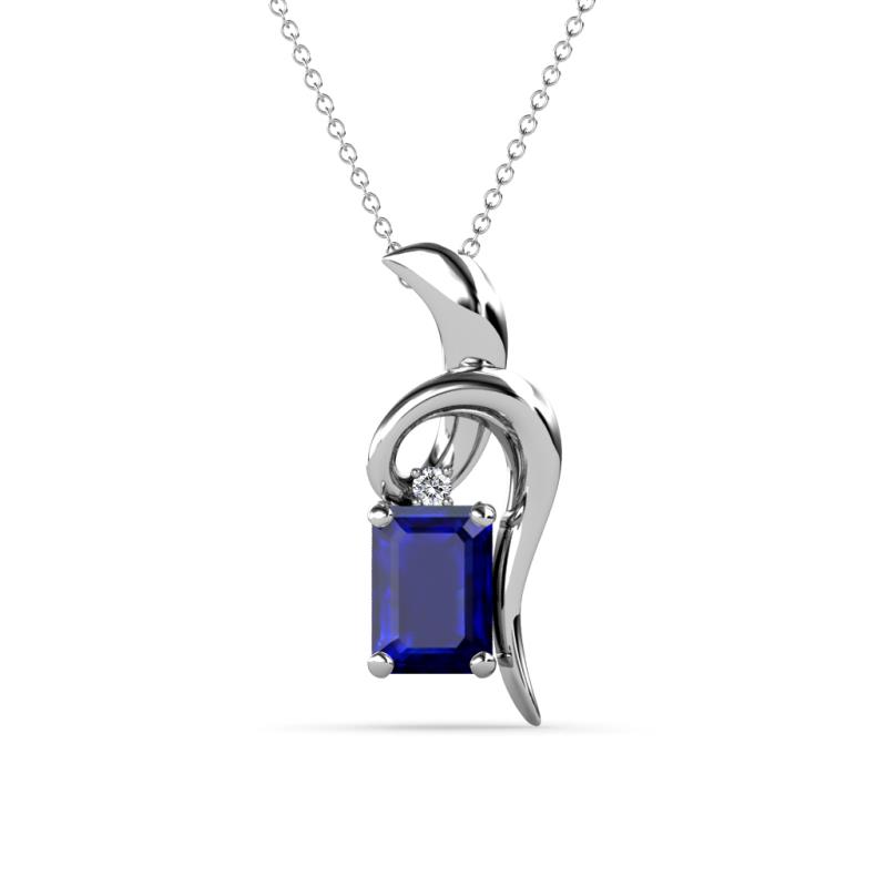 Evana 7x5 mm Emerald Cut Blue Sapphire and Round Diamond Accent Ribbon Pendant Necklace 