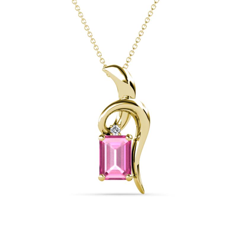 Evana 7x5 mm Emerald Cut Pink Sapphire and Round Diamond Accent Ribbon Pendant Necklace 