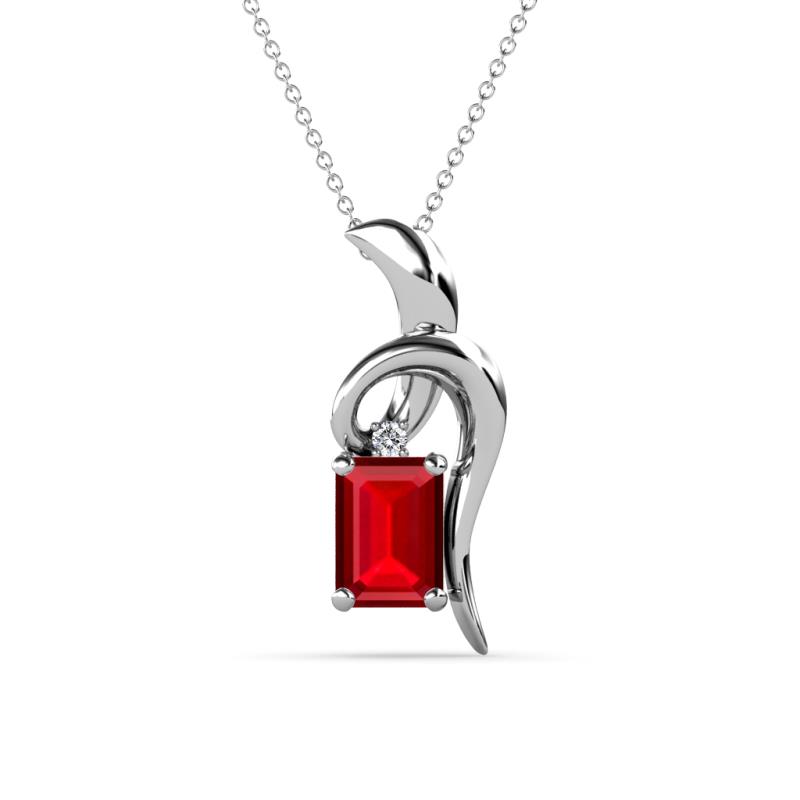 Evana 7x5 mm Emerald Cut Ruby and Round Diamond Accent Ribbon Pendant Necklace 