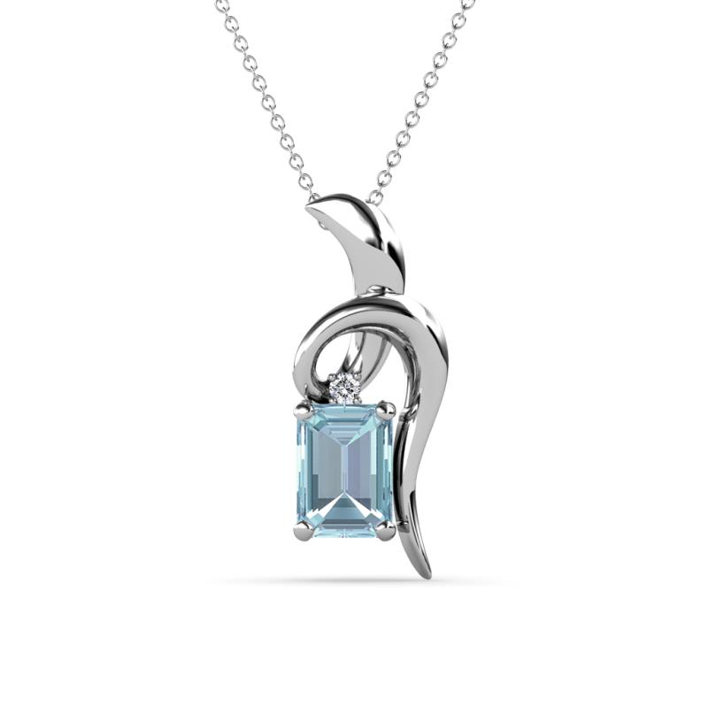 Evana 7x5 mm Emerald Cut Aquamarine and Round Diamond Accent Ribbon Pendant Necklace 