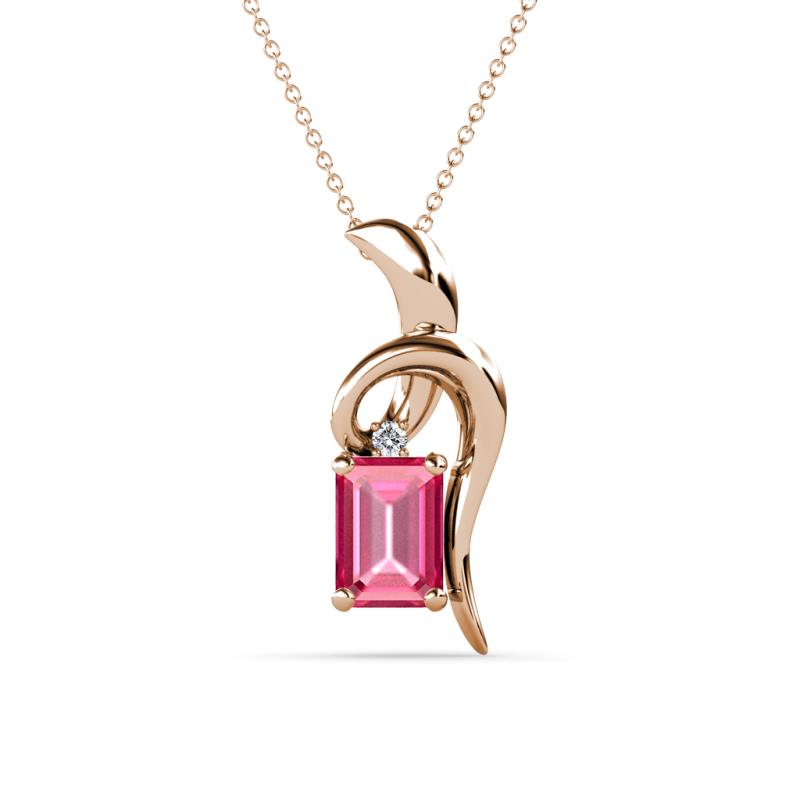 Evana 7x5 mm Emerald Cut Pink Tourmaline and Round Diamond Accent Ribbon Pendant Necklace 