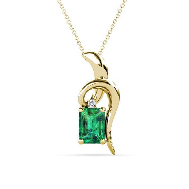 Evana 7x5 mm Emerald Cut Emerald and Round Diamond Accent Ribbon Pendant Necklace 
