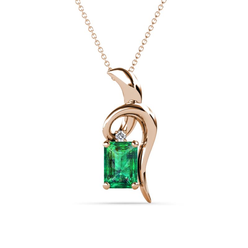 Evana 7x5 mm Emerald Cut Emerald and Round Diamond Accent Ribbon Pendant Necklace 