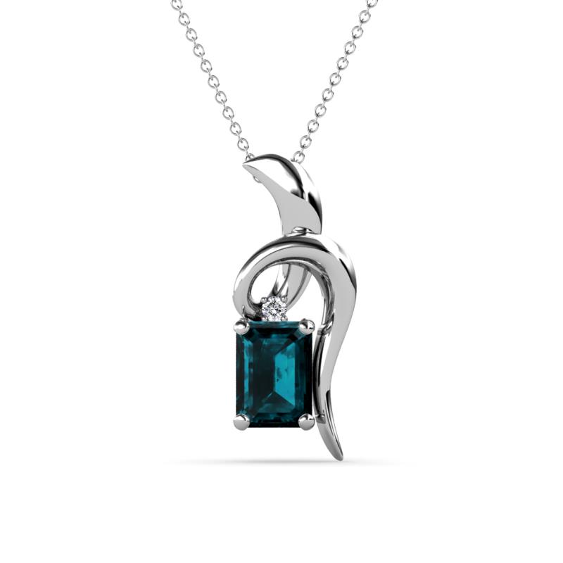 Evana 7x5 mm Emerald Cut London Blue Topaz and Round Diamond Accent Ribbon Pendant Necklace 