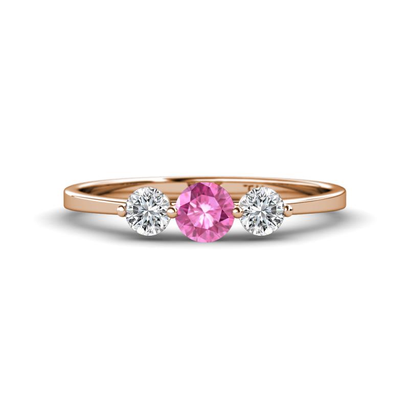 Shirley 5.00 mm Round Lab Created Pink Sapphire and Forever Brilliant Moissanite Three Stone Engagement Ring 