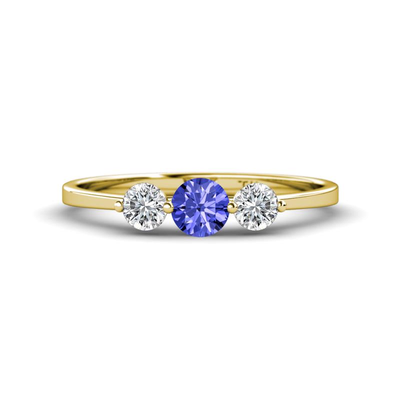 Shirley 5.00 mm Round Tanzanite and Forever Brilliant Moissanite Three Stone Engagement Ring 