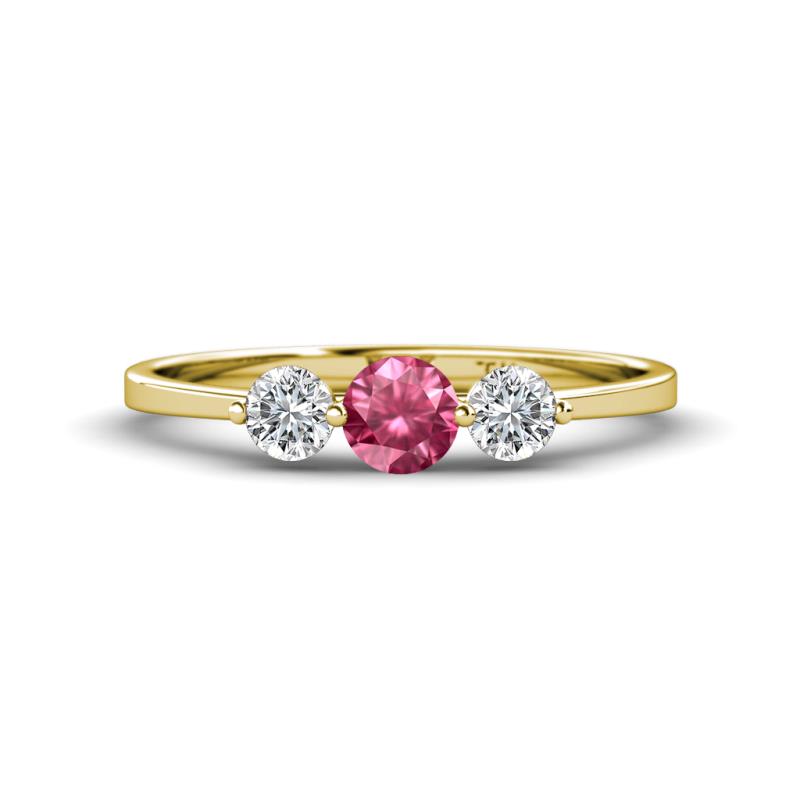 Shirley 5.00 mm Round Pink Tourmaline and Forever Brilliant Moissanite Three Stone Engagement Ring 