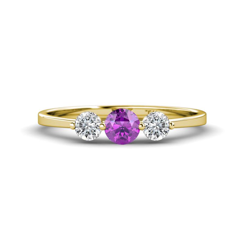 Shirley 5.00 mm Round Amethyst and Forever Brilliant Moissanite Three Stone Engagement Ring 