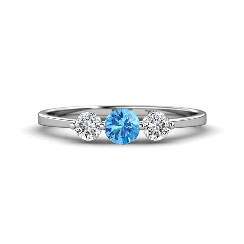 Shirley 5.00 mm Round Blue Topaz and Forever Brilliant Moissanite Three Stone Engagement Ring 
