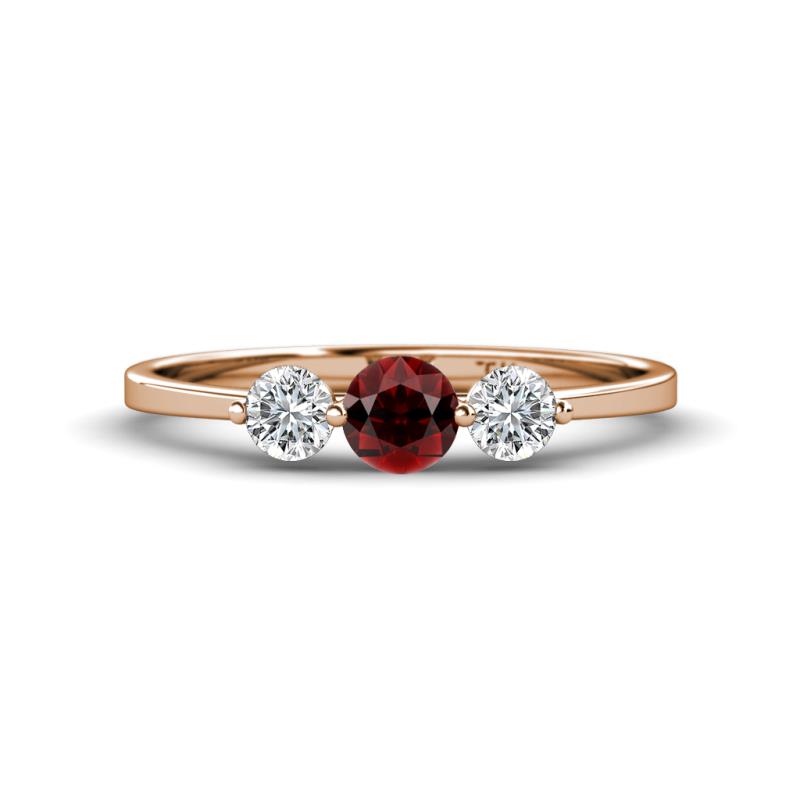 Shirley 5.00 mm Round Red Garnet and Forever Brilliant Moissanite Three Stone Engagement Ring 