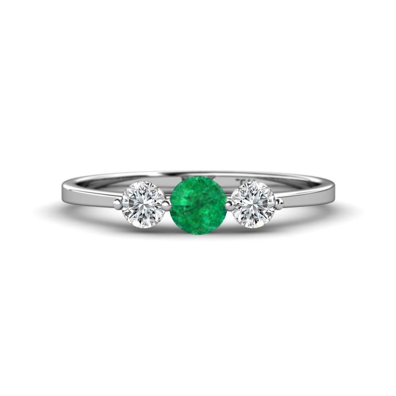 Shirley 5.00 mm Round Emerald and Forever Brilliant Moissanite Three Stone Engagement Ring 