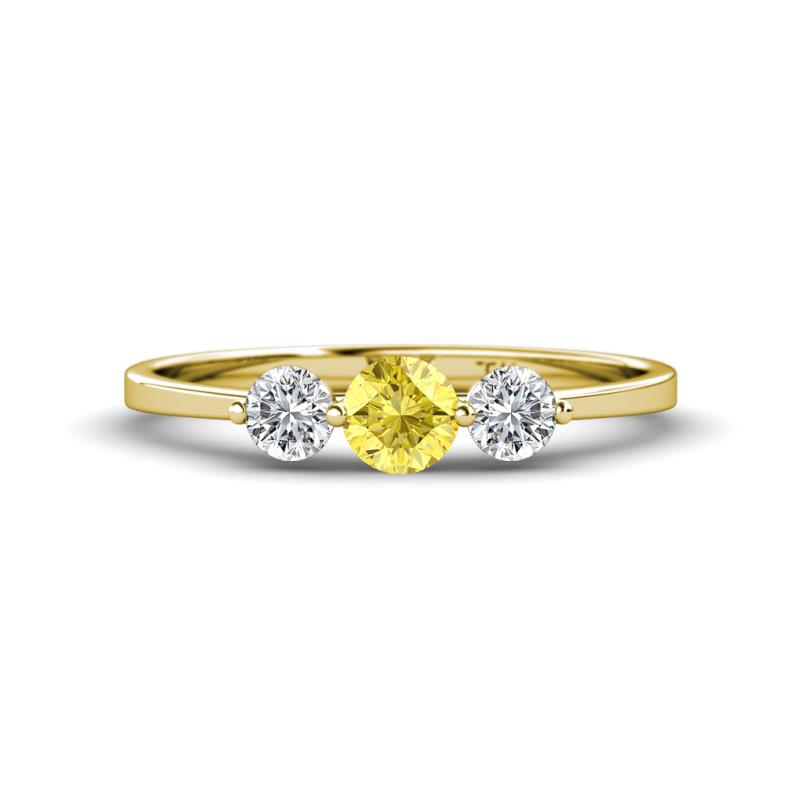 Shirley 5.00 mm Round Lab Created Yellow Sapphire and Forever Brilliant Moissanite Three Stone Engagement Ring 