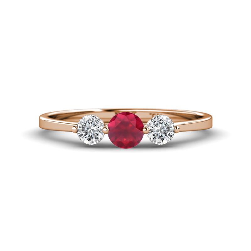 Shirley 5.00 mm Round Ruby and Forever Brilliant Moissanite Three Stone Engagement Ring 