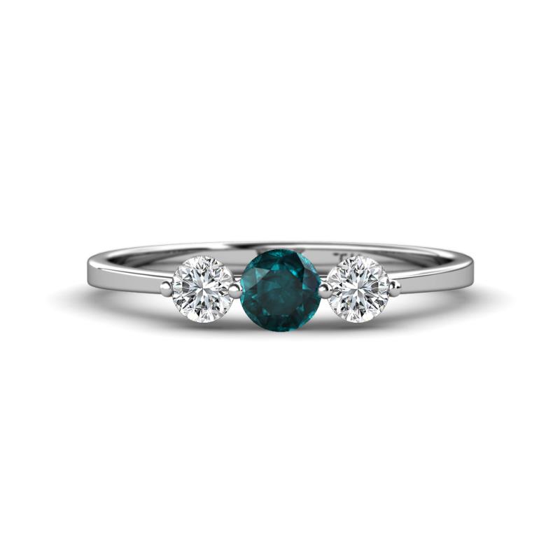 Shirley 5.00 mm Round London Blue Topaz and Forever Brilliant Moissanite Three Stone Engagement Ring 