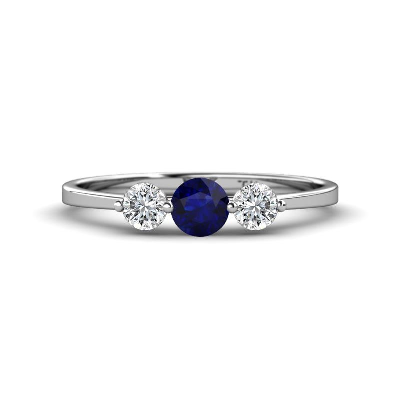 Shirley 5.00 mm Round Blue Sapphire and Forever One Moissanite Three Stone Engagement Ring 