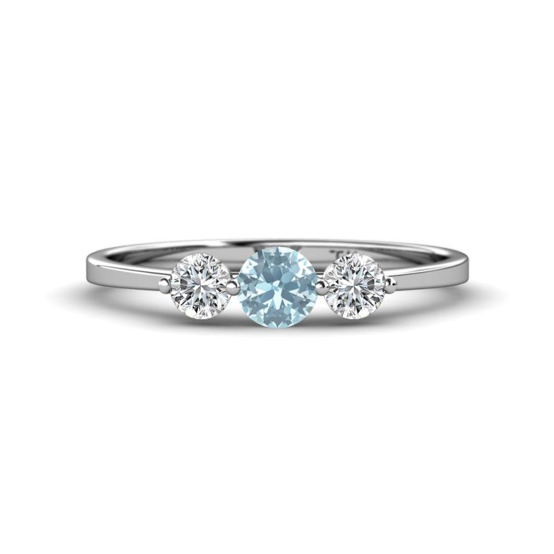 Shirley 5.00 mm Round Aquamarine and Forever One Moissanite Three Stone Engagement Ring 