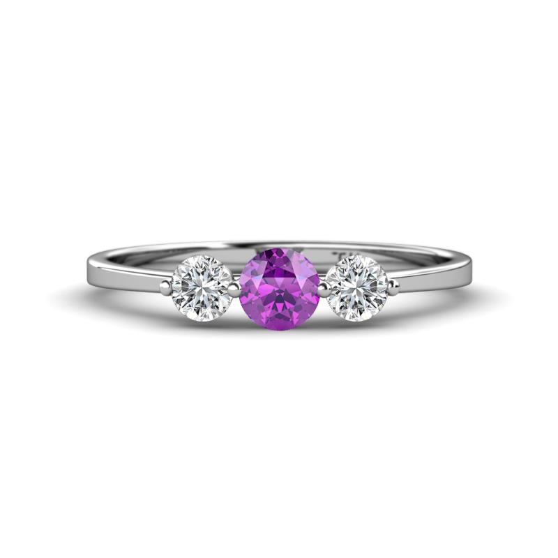 Shirley 5.00 mm Round Amethyst and Forever One Moissanite Three Stone Engagement Ring 