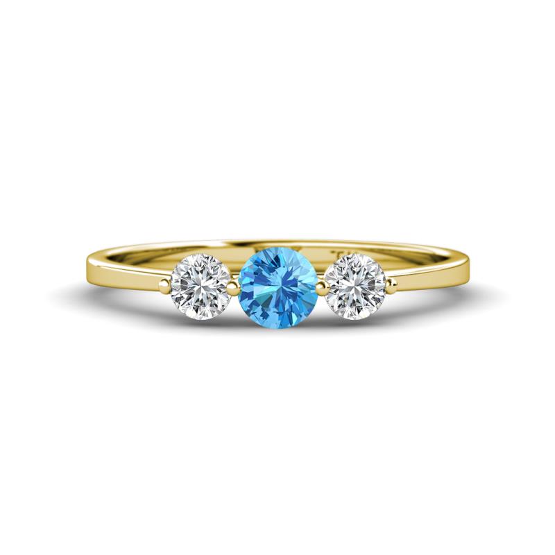 Shirley 5.00 mm Round Blue Topaz and Forever One Moissanite Three Stone Engagement Ring 