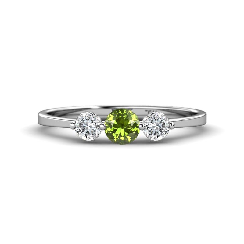 Shirley 5.00 mm Round Peridot and Forever One Moissanite Three Stone Engagement Ring 