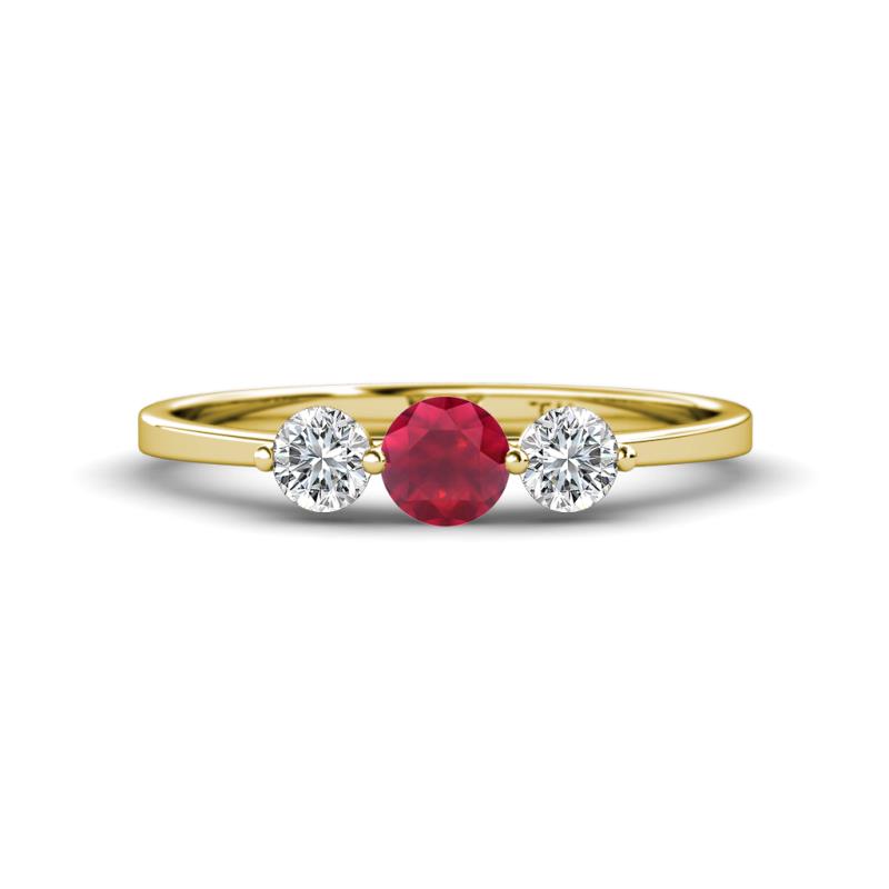 Shirley 5.00 mm Round Ruby and Forever One Moissanite Three Stone Engagement Ring 