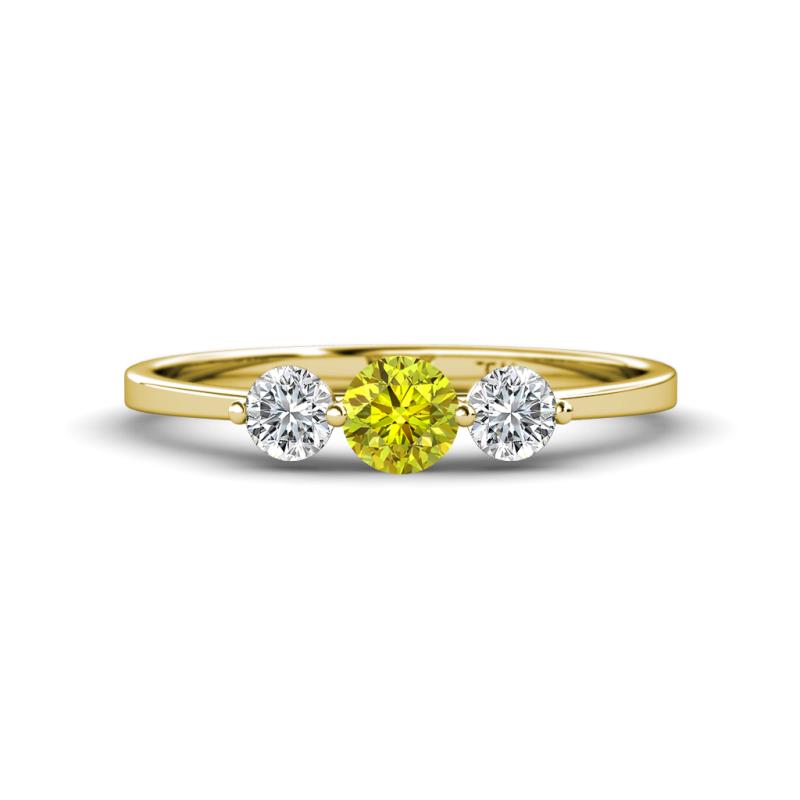Shirley 5.00 mm Round Yellow Diamond and Forever One Moissanite Three Stone Engagement Ring 