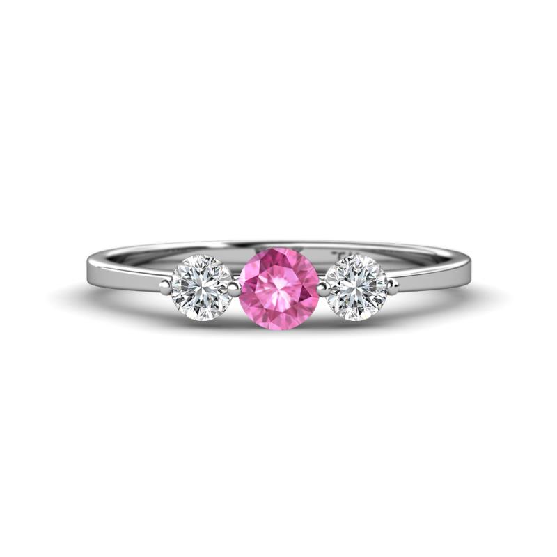 Shirley 5.00 mm Round Lab Created Pink Sapphire and Forever One Moissanite Three Stone Engagement Ring 
