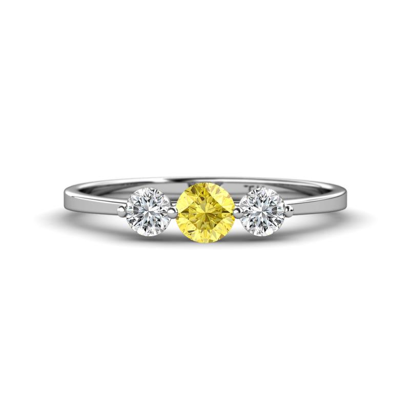 Shirley 5.00 mm Round Lab Created Yellow Sapphire and Forever One Moissanite Three Stone Engagement Ring 