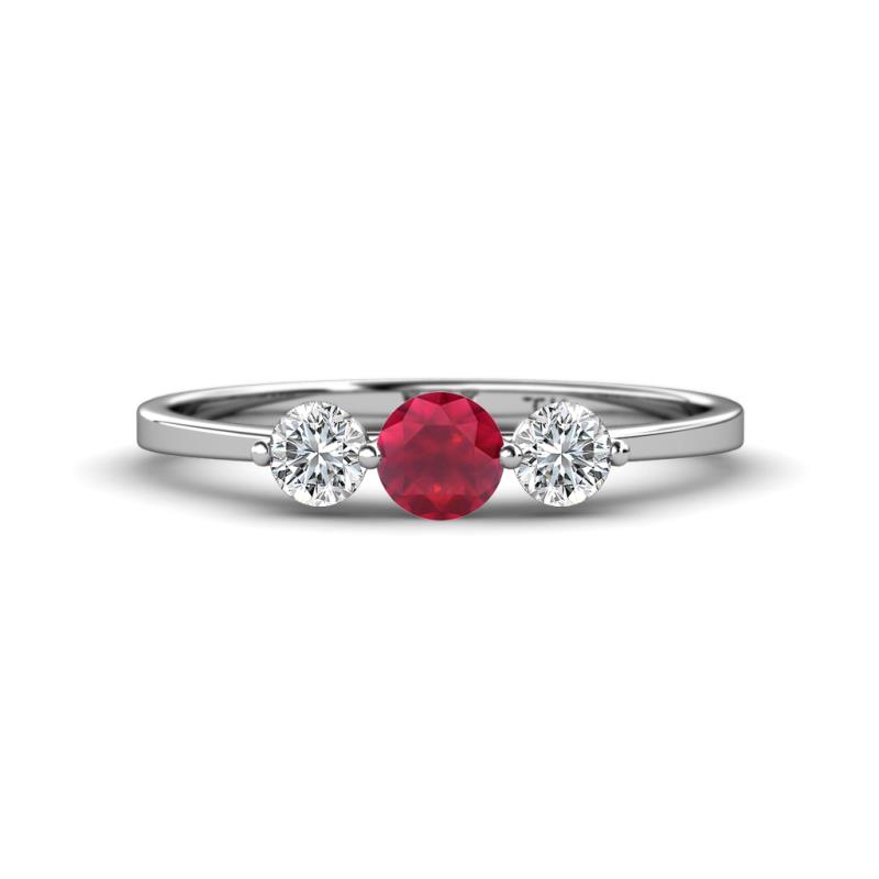 Shirley 5.00 mm Round Ruby and Forever Brilliant Moissanite Three Stone Engagement Ring 