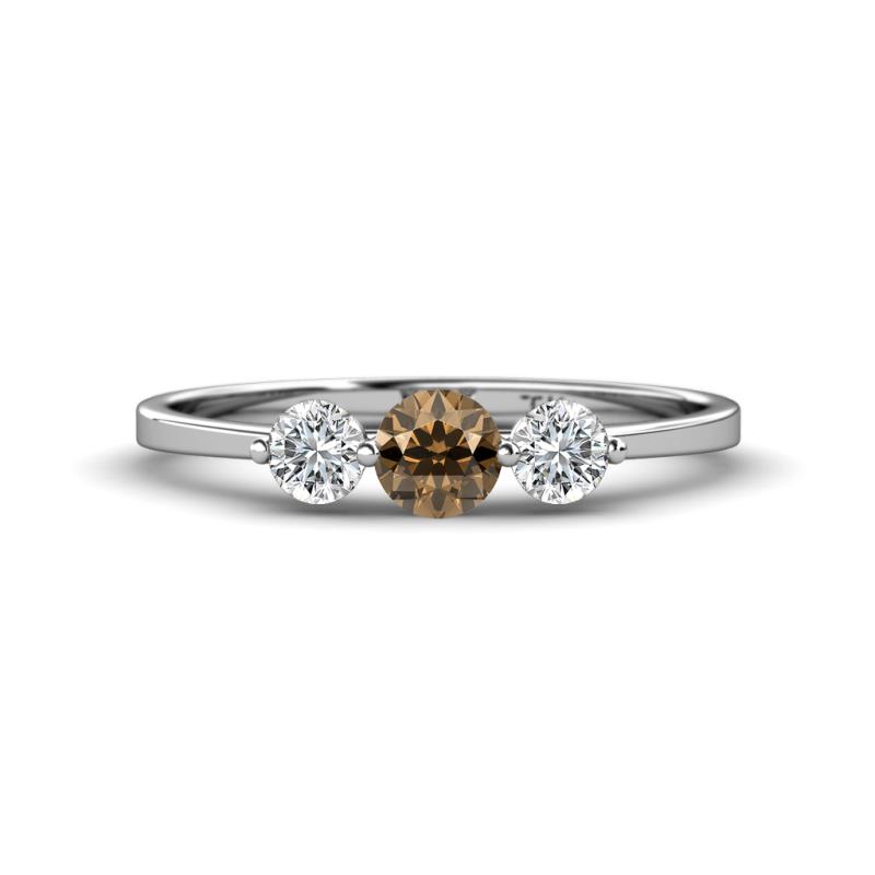 Shirley 5.00 mm Round Smoky Quartz and Forever Brilliant Moissanite Three Stone Engagement Ring 