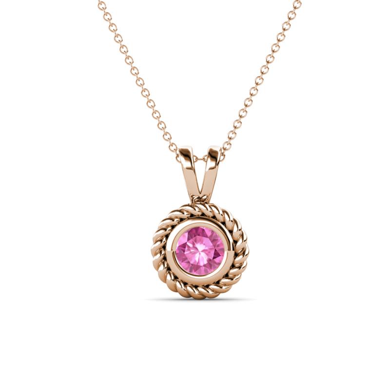 Juliya 5.00 mm Round Lab Created Pink Sapphire Rope Edge Bezel Set Solitaire Pendant Necklace 