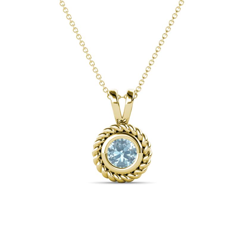 Juliya 5.00 mm Round Aquamarine Rope Edge Bezel Set Solitaire Pendant Necklace 