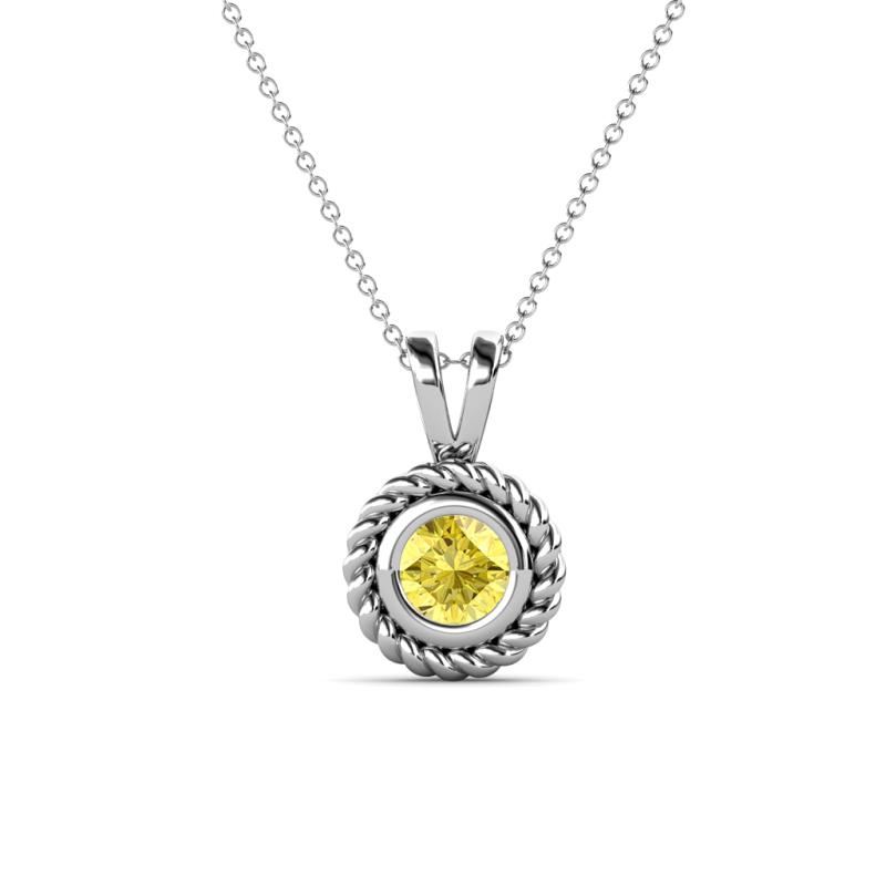 Juliya 5.00 mm Round Lab Created Yellow Sapphire Rope Edge Bezel Set Solitaire Pendant Necklace 