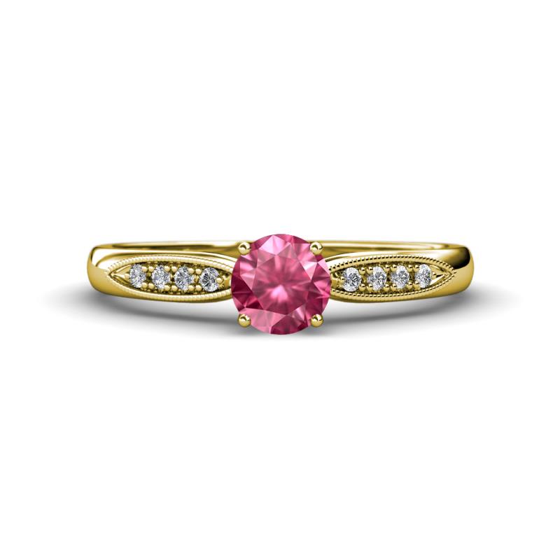 Agnes Classic Round Center Pink Tourmaline Accented with Diamond in Milgrain Engagement Ring 