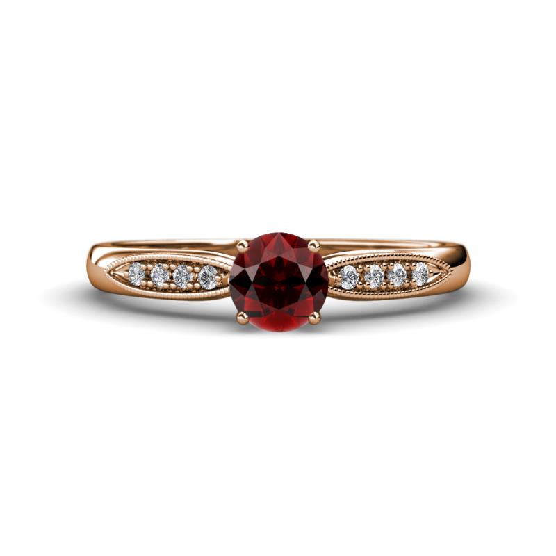 Agnes Classic Round Center Red Garnet Accented with Diamond in Milgrain Engagement Ring 