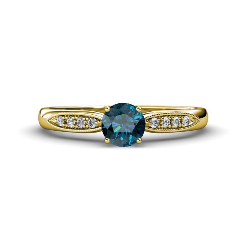 Agnes Classic Round Center Blue Diamond Accented with White Diamond in Milgrain Engagement Ring 