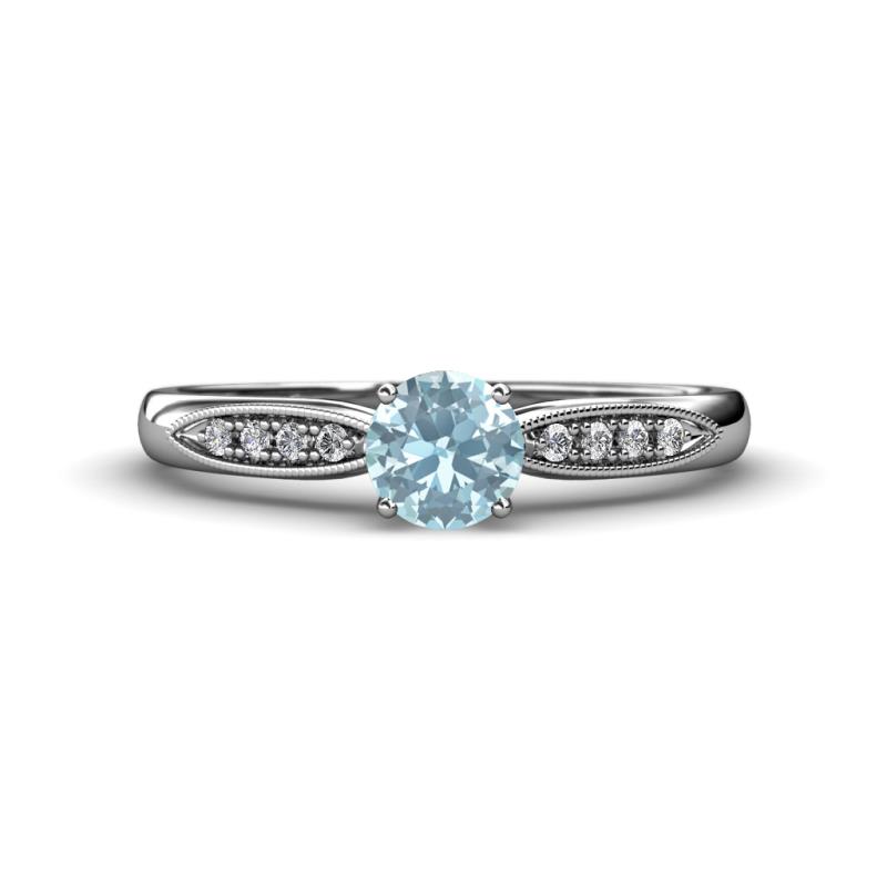 Agnes Classic Round Center Aquamarine Accented with Diamond in Milgrain Engagement Ring 