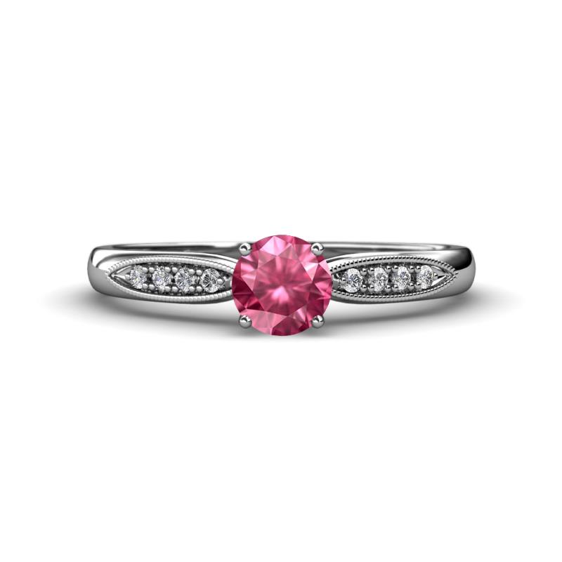 Agnes Classic Round Center Pink Tourmaline Accented with Diamond in Milgrain Engagement Ring 