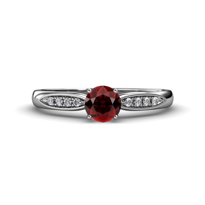 Agnes Classic Round Center Red Garnet Accented with Diamond in Milgrain Engagement Ring 