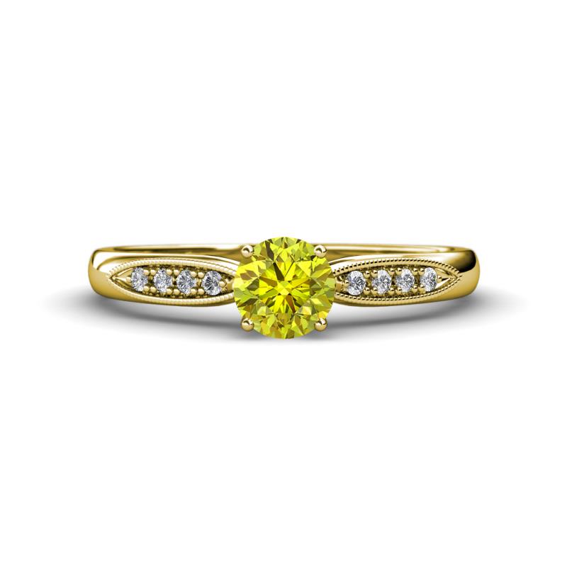 Agnes Classic Round Center Yellow Diamond Accented with White Diamond in Milgrain Engagement Ring 