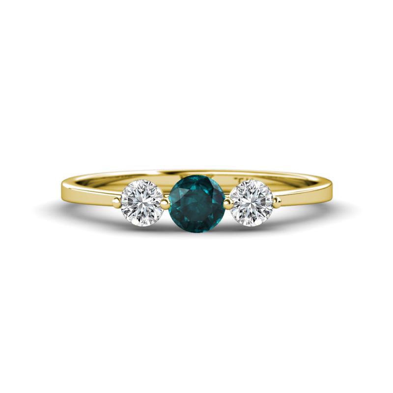 Shirley 5.00 mm Round London Blue Topaz and Lab Grown Diamond Three Stone Engagement Ring 