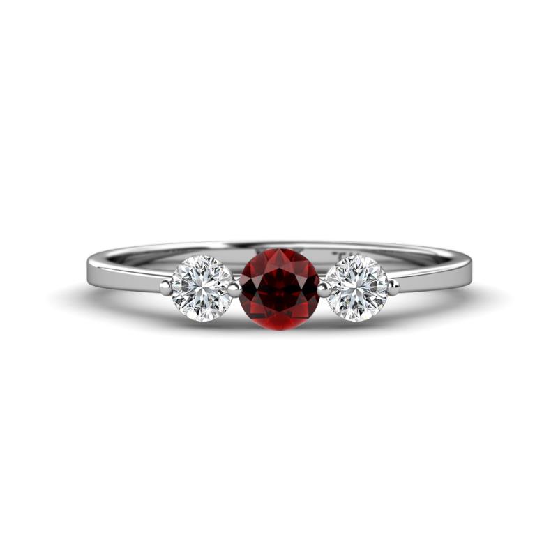 Shirley 5.00 mm Round Red Garnet and Lab Grown Diamond Three Stone Engagement Ring 