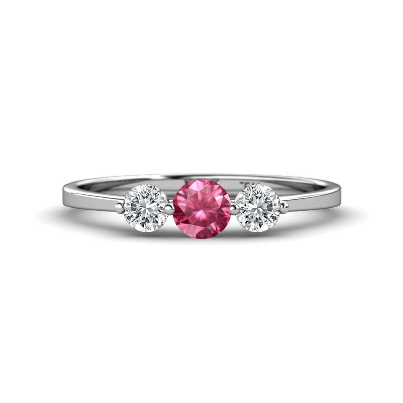 Shirley 5.00 mm Round Pink Tourmaline and Lab Grown Diamond Three Stone Engagement Ring 