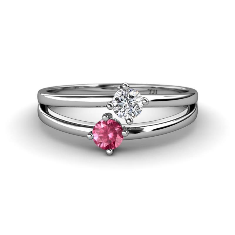 Ria 4.00 mm Round Pink Tourmaline and Diamond Split Shank 2 Stone Engagement Ring 