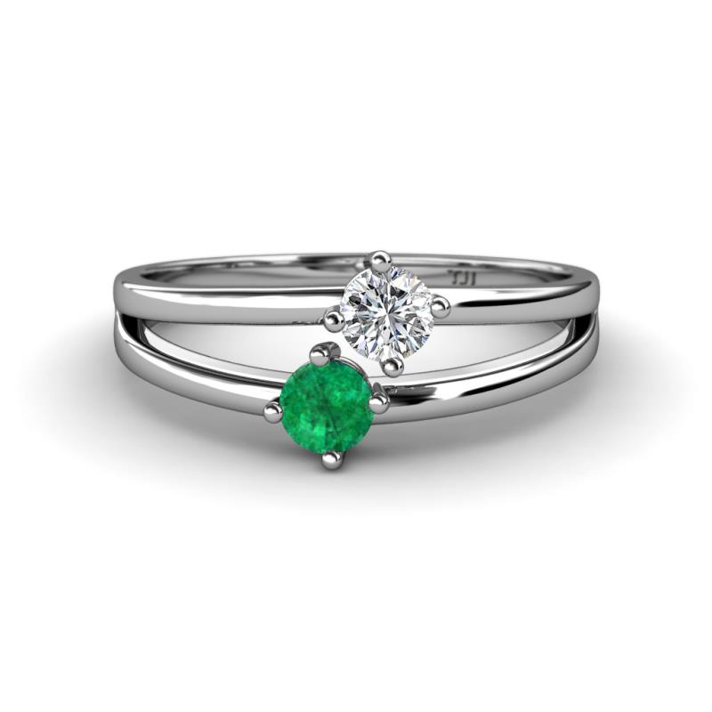 Ria 4.00 mm Round Emerald and Diamond Split Shank 2 Stone Engagement Ring 