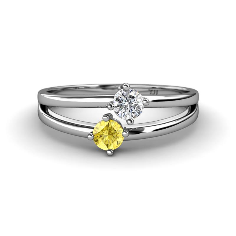 Ria 4.00 mm Round Yellow Sapphire and Diamond Split Shank 2 Stone Engagement Ring 
