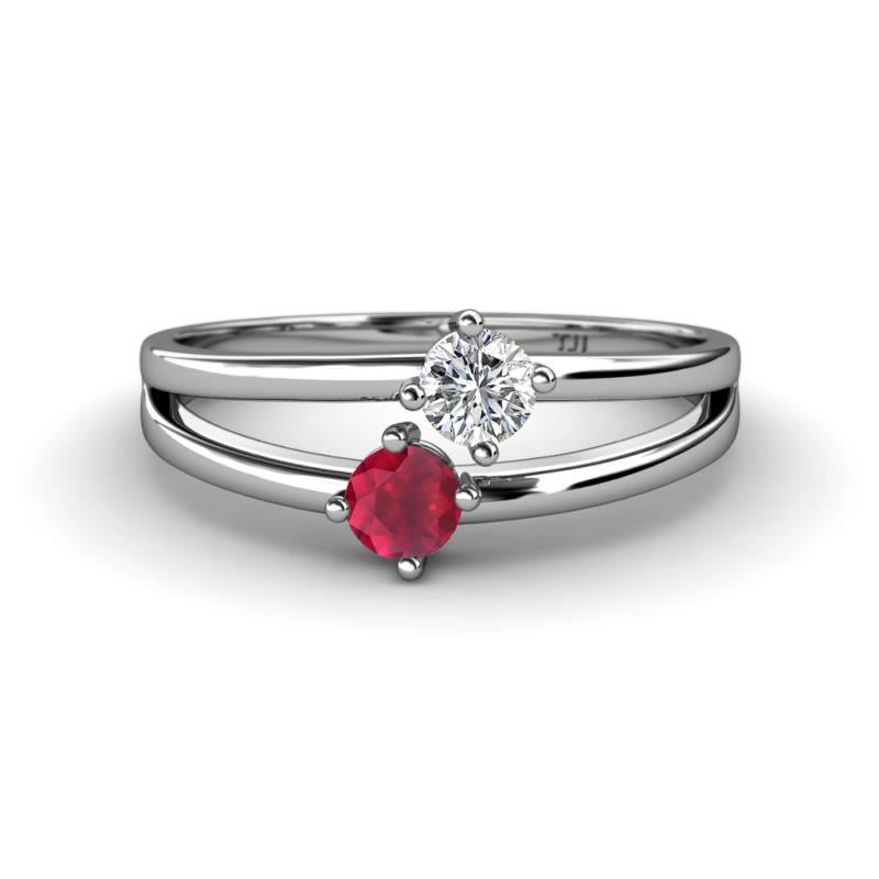 Ria 4.00 mm Round Ruby and Diamond Split Shank 2 Stone Engagement Ring 