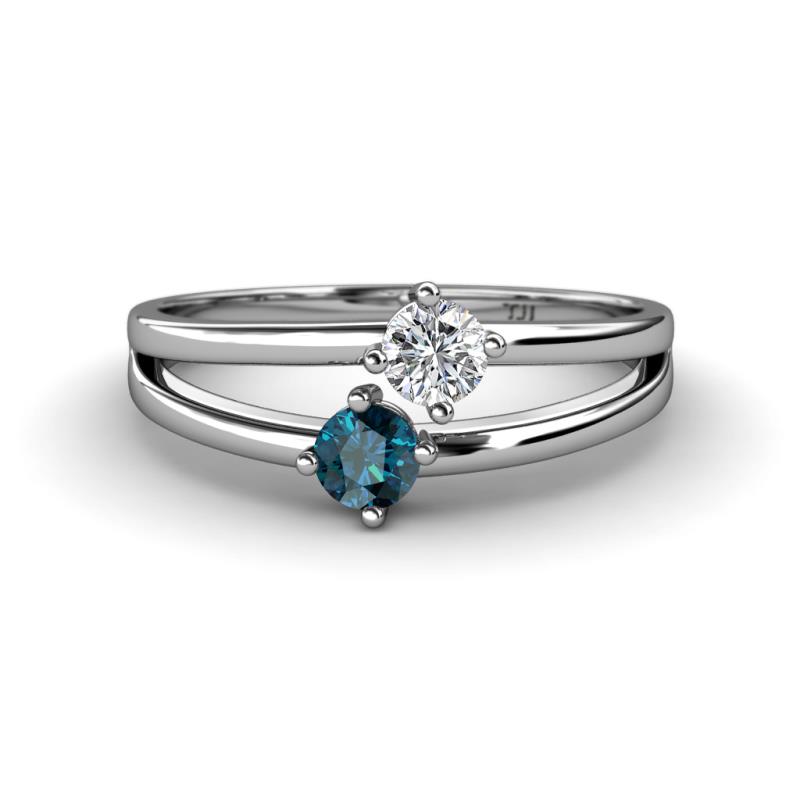 Ria 4.00 mm Round Blue and White Diamond Split Shank 2 Stone Engagement Ring 