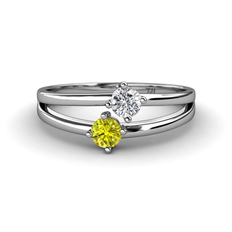 Ria 4.00 mm Round Yellow and White Diamond Split Shank 2 Stone Engagement Ring 